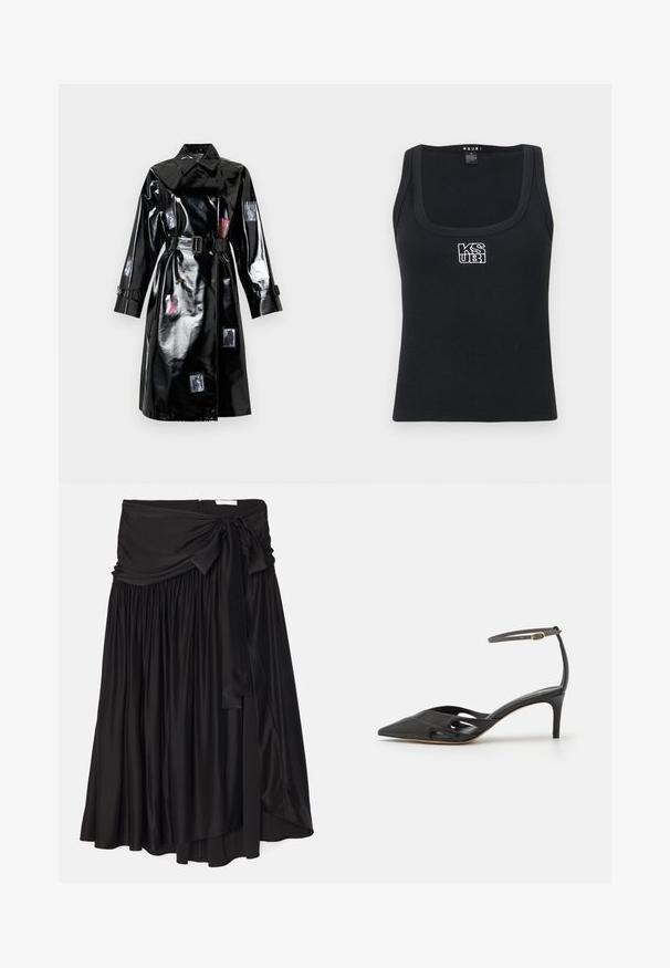 Sort skinnende trenchcoat med bælte, stor krave, lange ærmer, knapdetaljer og små fotoprint spredt foran og på ærmerne.; Sort ribbet tanktop med firkantet udskæring og et hvidt broderet logo på fronten. Fremstillet af et strækbart materiale.; Sort nederdel lavet af glat, flydende stof; har en bred, draperet talje med en snøre og plisserede detaljer for en luftig form.; Sort læder højhælet sko med spids tå, åbne sider og en tynd ankelrem med en lille guld detalje.