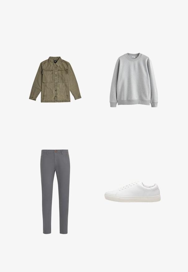 Olivengroene overhemdjas met lange mouwen, twee grote voorzakken met klep en knoopsluiting in het midden.; Grijze sweatshirt met een ronde halslijn, ribgebreide manchetten en zoom. Gemaakt van zachte stof met een gladde textuur, met een eenvoudig ontwerp.; Grijze katoenen broek met een aansluitend ontwerp, voorzien van een knoopsluiting, standaardzakken en een gladde textuur.; Witte leren sneaker met een gladde textuur, ronde neus, vetersluiting en een platte rubberen zool. Minimalistisch ontwerp zonder zichtbare patronen.
