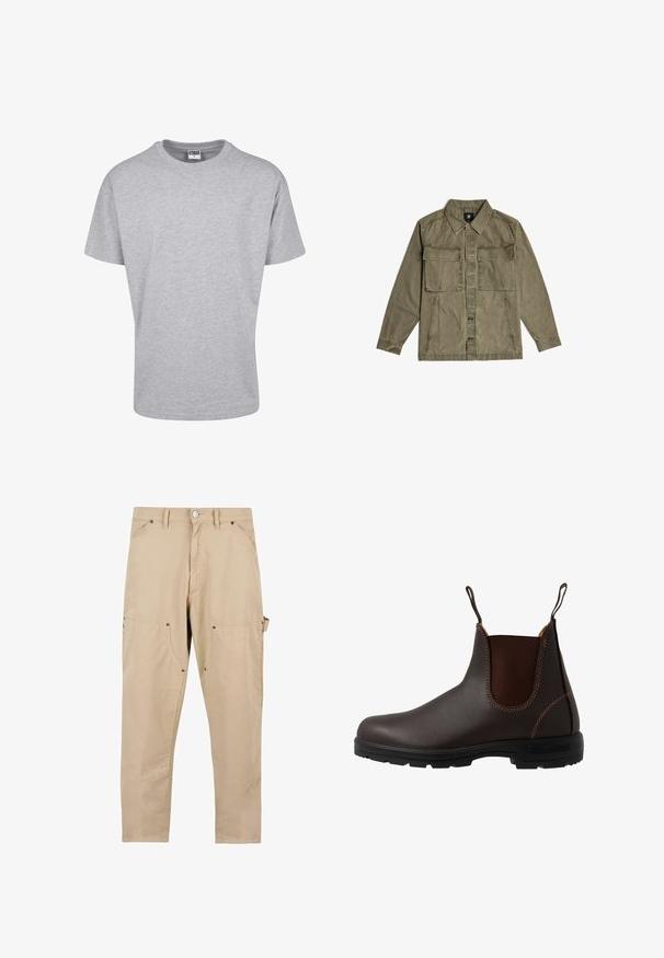 Olivegrüne Hemdjacke mit langen Ärmeln, zwei großen aufgesetzten Fronttaschen und Knopfverschluss in der Mitte.; Graues Baumwoll-T-Shirt mit rundem Halsausschnitt und kurzen Ärmeln. Einfaches Design, keine Muster oder Akzente. Klassischer, lockerer Schnitt.; Beige Cargo-Hosen aus Baumwolle. Verfügt über mehrere Taschen, einen geraden Schnitt und einen Knopfverschluss mit metallischen Hardware-Details.; Brauner Chelsea-Stiefel aus Leder mit elastischem Seiteneinsatz, brauner Naht, Zuglaschen und einer strapazierfähigen Gummisohle mit strukturiertem Muster.