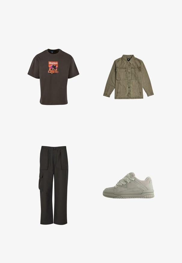Olivegrüne Hemdjacke mit langen Ärmeln, zwei großen aufgesetzten Fronttaschen und Knopfverschluss in der Mitte.; Dunkelbraunes Baumwoll-T-Shirt mit einem Grafikdruck eines Autos und dem Wort "Markt" in lebhaften Farben, mit lockerer Passform und kurzen Ärmeln.; Urban Classics TECHNICAL - Cargohose - black; Grau Sneaker mit niedrigem Schaft, dicken, strukturierten Schnürsenkeln, gepolstertem Kragen, genähten Einsätzen und einer profilierten Gummisohle für besseren Halt.