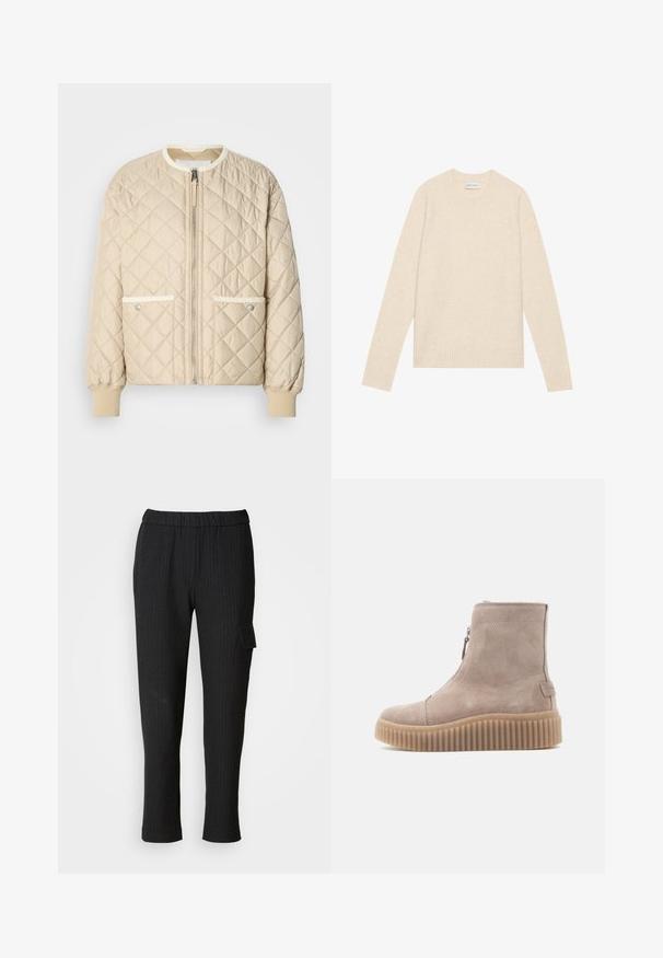 Beige gesteppte Bomberjacke mit einem Reißverschluss vorne, zwei seitlichen Taschen mit weißen Akzenten und gerippten Bündchen an den Ärmeln und am Saum.; Helles beige Wollpullover mit Rundhalsausschnitt, langen Ärmeln und gerippten Bündchen sowie Saum. Weiche Textur, minimalistisches Design, keine sichtbaren Muster oder Akzente.; Schwarz gestreifte Hose mit elastischem Bund und geradem Bein. Verfügt über eine seitliche Tasche mit Klappe und besteht aus einem glatten Stoff.; Beige Wildleder ankle boot mit einem Reißverschluss, strukturiertem Gummisohle und geripptem Design, mit einem kleinen Logo-Label an der Ferse.