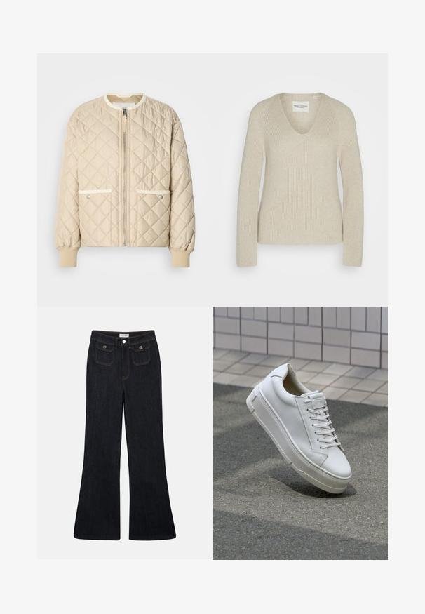 Chaqueta bomber acolchada beige con cremallera frontal, dos bolsillos laterales con ribete blanco y puños ribeteados en las mangas y en la parte inferior.; Suéter de punto beige con cuello en V, mangas largas y corte holgado, que presenta una tela texturizada y un sutil detalle de acanalado.; Vaqueros de mezclilla oscuros de corte acampanado, con cintura alta, dos bolsillos delanteros y costuras naranjas. El material parece robusto y suave.; Zapatilla de cuero blanca con diseño bajo, cordones planos, punta redondeada y laterales texturizados. Suela de goma gruesa con acentos sutiles.