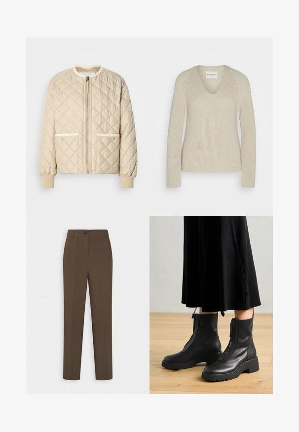 Veste en satin beige matelassée avec une fermeture éclair à l'avant, deux poches latérales avec un liseré blanc, et des poignets côtelés aux manches et en bas.; Pull en tricot beige avec un col en V, des manches longues et une coupe décontractée, présenté avec un tissu texturé et des détails de côtes subtils.; Pantalons marron à jambes droites avec passants de ceinture et fermeture à un bouton à l'avant, présentés sur fond blanc.; Bottines en cuir noir avec une semelle plateforme épaisse et une fermeture éclair à l'avant. Texture lisse avec un design minimaliste.
