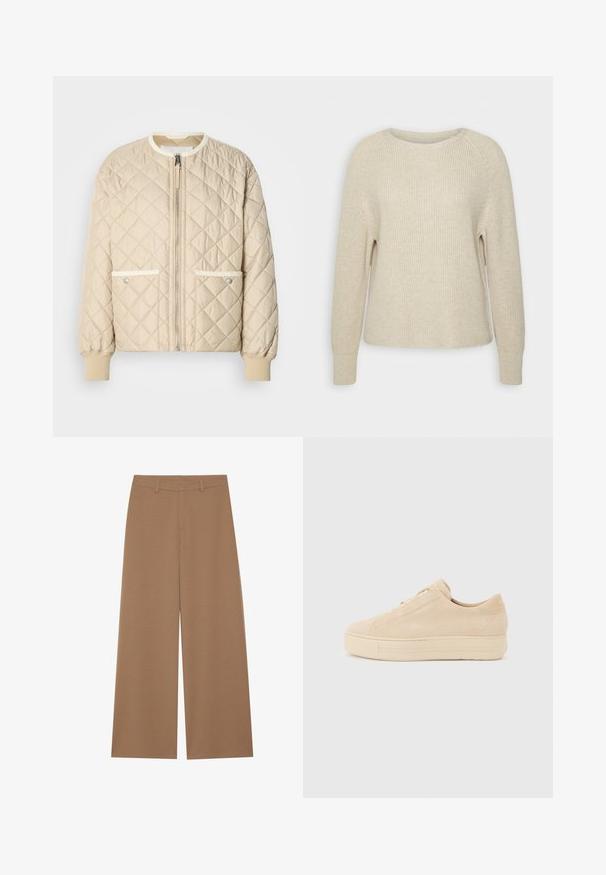 Beige quiltet bomberjakke med lynlås foran, to sidelommer med hvid kant og ribbede manchetter ved ærmerne og bunden.; Lyserød strikket sweater med rund halsudskæring, raglanærmer og ribbede manchetter. Teksturen er blød med en afslappet pasform og minimal detaljering.; Vide benbukser i en ensfarvet brun farve, lavet af et tekstureret stof; har høj talje og struktureret design med bæltestropper.; Beige lavt sneakers med gummisål, snørelukning og minimal syningsdetalje vist fra ydersiden på en ensfarvet baggrund.