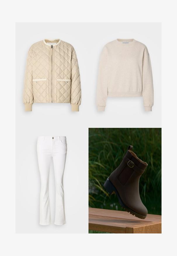 Veste en satin beige matelassée avec une fermeture éclair à l'avant, deux poches latérales avec un liseré blanc, et des poignets côtelés aux manches et en bas.; Sweatshirt beige clair en tissu doux, doté d'un col rond, de coutures d'épaule tombantes et de poignets et ourlet côtelés.; Jean blanc évasé avec cinq poches, fermeture bouton et zip, et coutures apparentes. Fabriqué en tissu denim, texture lisse.; Botte marron à la cheville avec détail de boucle et semelle robuste flottant au-dessus d'une surface en bois avec des plantes vertes en arrière-plan.