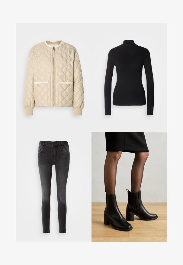 Veste en satin beige matelassée avec une fermeture éclair à l'avant, deux poches latérales avec un liseré blanc, et des poignets côtelés aux manches et en bas.; Pull à col roulé noir en maille légère. Il possède des manches longues, une coupe ajustée et une texture côtelée douce.; Jean skinny noir en denim, avec une fermeture à bouton à l'avant, des détails cloutés sur les poches et une texture lisse.; Anna Field by Zalando Bottines - black