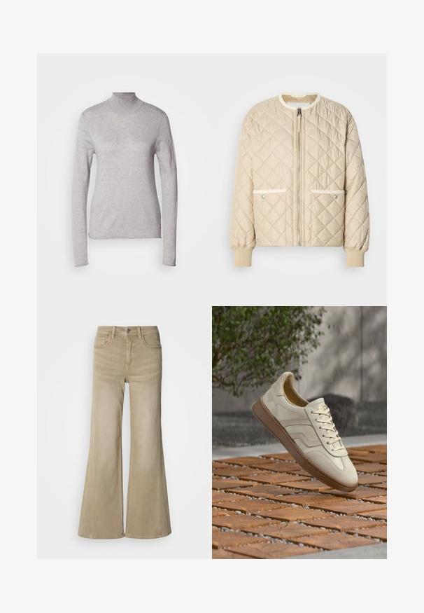 Beige quiltet bomberjakke med lynlås foran, to sidelommer med hvid kant og ribbede manchetter ved ærmerne og bunden.; Lys grå turtleneck top med lange ærmer, lavet af et blødt strikmateriale. Har et tætsiddende design og ribbet hals. Glat tekstur.; Beige wide-leg jeans i holdbart bomuldsdenim, med knaplukning, fem-lommekonstruktion og subtil syning langs sømmene.; Sneakers i cremefarve med en struktureret beige gummisål, snøredesign og diskret brand på siden. Overdel i glat læder.