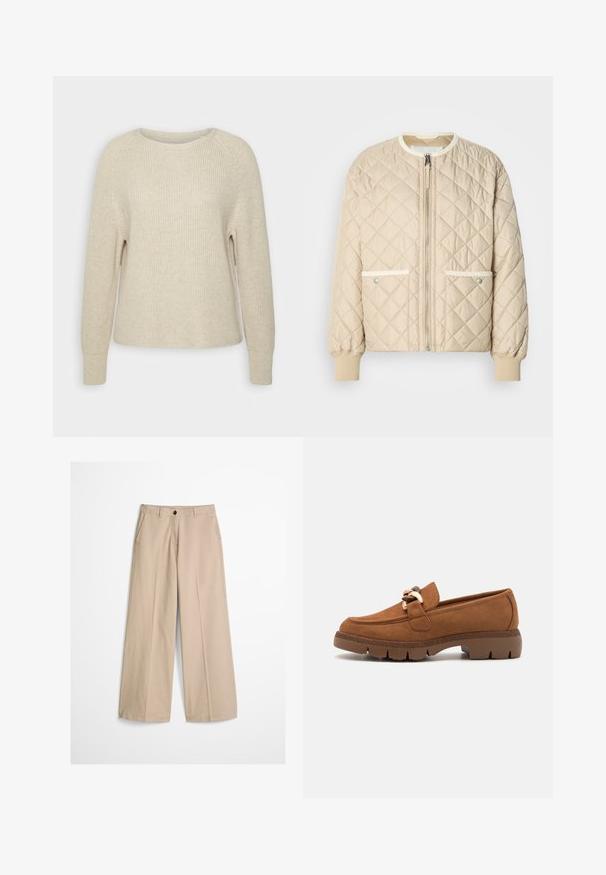 Chaqueta bomber acolchada beige con cremallera frontal, dos bolsillos laterales con ribete blanco y puños ribeteados en las mangas y en la parte inferior.; Suéter de punto rosa claro con cuello redondo, mangas raglán y puños de canalé. La textura es suave, con un corte holgado y un detalle mínimo.; Pantalones beige de pierna ancha con pliegue frontal, trabillas para cinturón, cierre con botón y una pequeña etiqueta de tela en el lado derecho de la cintura.; Mocasines de ante marrón con un acento decorativo de cadena en tono dorado, que presentan una suela de goma texturizada y un diseño de punta redonda.