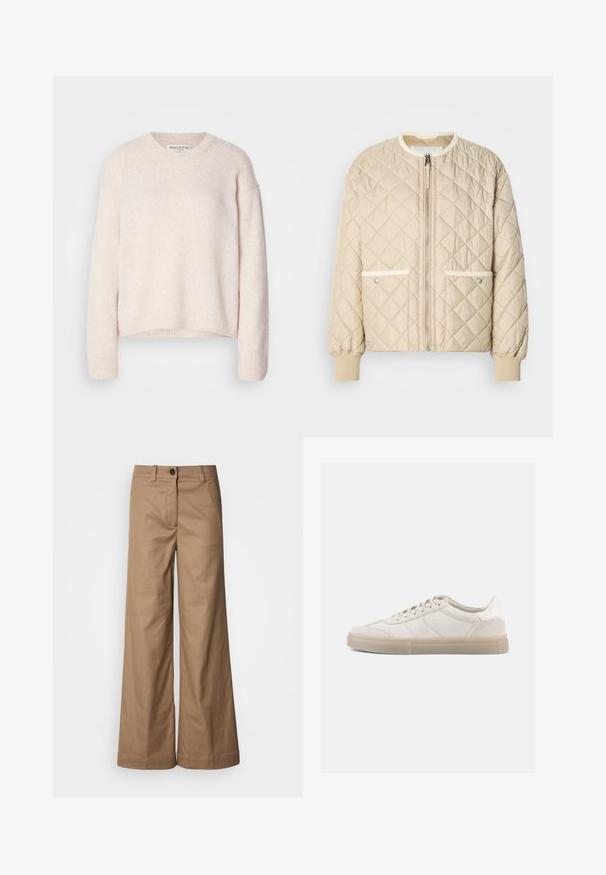 Chaqueta bomber acolchada beige con cremallera frontal, dos bolsillos laterales con ribete blanco y puños ribeteados en las mangas y en la parte inferior.; Suéter de punto texturizado en rosa claro, con cuello redondo y mangas largas. Los puños y el dobladillo acanalados ofrecen un ajuste casual. Etiqueta de la marca visible en el cuello.; Pantalones de pierna ancha hechos de tejido suave en tono marrón claro. Cuentan con un cierre frontal con botones, trabillas para el cinturón y bolsillos laterales. Líneas limpias sin patrones visibles.; Zapatillas deportivas de ante beige con perfil bajo, que presentan una parte superior texturizada, costuras tonales y una suela de goma ligera. Cordones completan el diseño.
