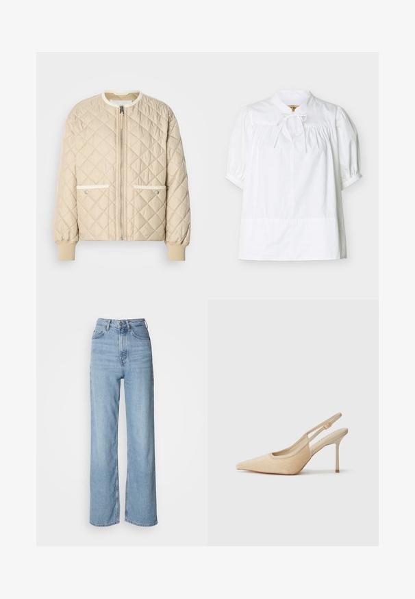 Beige gesteppte Bomberjacke mit einem Reißverschluss vorne, zwei seitlichen Taschen mit weißen Akzenten und gerippten Bündchen an den Ärmeln und am Saum.; Weiße Bluse mit kurzen Ärmeln, gerafftem Einsatz und Puffärmeln, mit kleinem Stehkragen und einer gebundenen Schleife am Hals.; Hellblaue hochgeschnittene Jeans mit geradem Bein, aus Denim gefertigt, mit einem Frontknopfverschluss und dezenten Verblassungen.; Beige Slingback-Pumps mit spitzem Zehenbereich, aus strukturiertem Material, mit schlankem Absatz und verstellbarem Riemen.