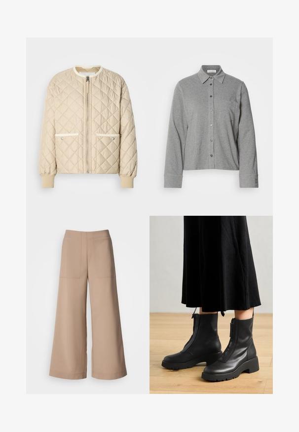 Beige gewatteerde bomberjack met een voorrits, twee zijzakken met witte bies en ribbelmanchetten aan de mouwen en onderkant.; Grijze button-up shirt van soepel materiaal, voorzien van een kraag, lange mouwen, een borstzak en een knoopmanchet met logodetail.; Wide-leg broeken in een lichtbeige stof. Beschikt over twee voorzakken, een platte tailleband en een gladde textuur met een verzorgde afwerking.; Zwarte leren enkelboots met een chunky platformzool en een rits aan de voorkant. Glad oppervlak met een minimalistisch ontwerp.