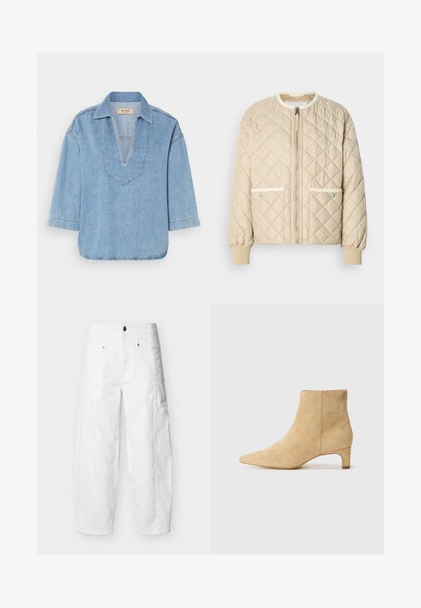 Beige gesteppte Bomberjacke mit einem Reißverschluss vorne, zwei seitlichen Taschen mit weißen Akzenten und gerippten Bündchen an den Ärmeln und am Saum.; Helles blaues Denim-Pulloverhemd mit V-Ausschnitt, kurzen Ärmeln und leicht abgerundetem Saum. Mit kontrastierendem Stich entlang des Ausschnitts.; Weiße Hosen mit weitem Bein, vorne aufgesetzten Taschen, Knopfverschluss und sichtbaren Steppnähten, auf neutralem Hintergrund präsentiert.; Beige Wildleder-Ankle-Boot mit spitzer Zehenpartie und einem niedrigen Blockabsatz. Das Design zeichnet sich durch eine glatte Textur und einfache, klare Linien aus.