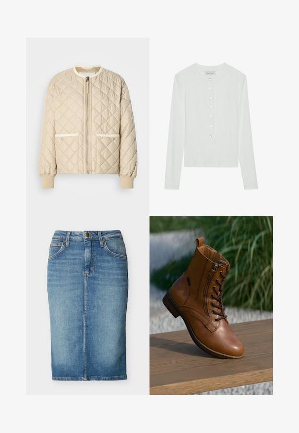 Beige gesteppte Bomberjacke mit einem Reißverschluss vorne, zwei seitlichen Taschen mit weißen Akzenten und gerippten Bündchen an den Ärmeln und am Saum.; Weißes Langarmoberteil aus geripptem Stoff, mit einem runden Ausschnitt und einer Knopfleiste mit sechs transparenten Knöpfen.; Blauer Denim-Bleistiftrock knielang mit vorderer Naht, Gürtelschlaufen, Knopf und Taschen.; Brauner Leder-Stiefelette mit seitlichem Reißverschluss und Schnürsenkeln, auf einer Holzoberfläche im Freien platziert, mit unscharfem Grün im Hintergrund.
