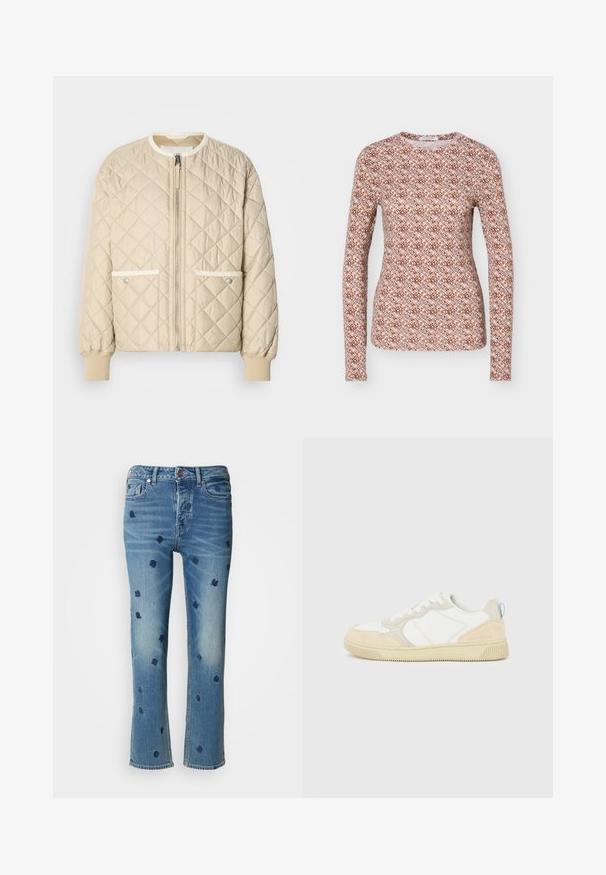 Veste en satin beige matelassée avec une fermeture éclair à l'avant, deux poches latérales avec un liseré blanc, et des poignets côtelés aux manches et en bas.; Haut ajusté à manches longues avec un col rond, présentant un motif géométrique répétitif en tons marron, rose et bleu clair.; Jean en denim bleu clair avec une coupe droite, ornés de broderies florales navy et d'effets de délavage près des poches et de l'ourlet.; Baskets blanches et beiges avec dessus en suède et textile, présentant des coutures contrastées, une semelle en caoutchouc et un accent bleu clair sur le talon.
