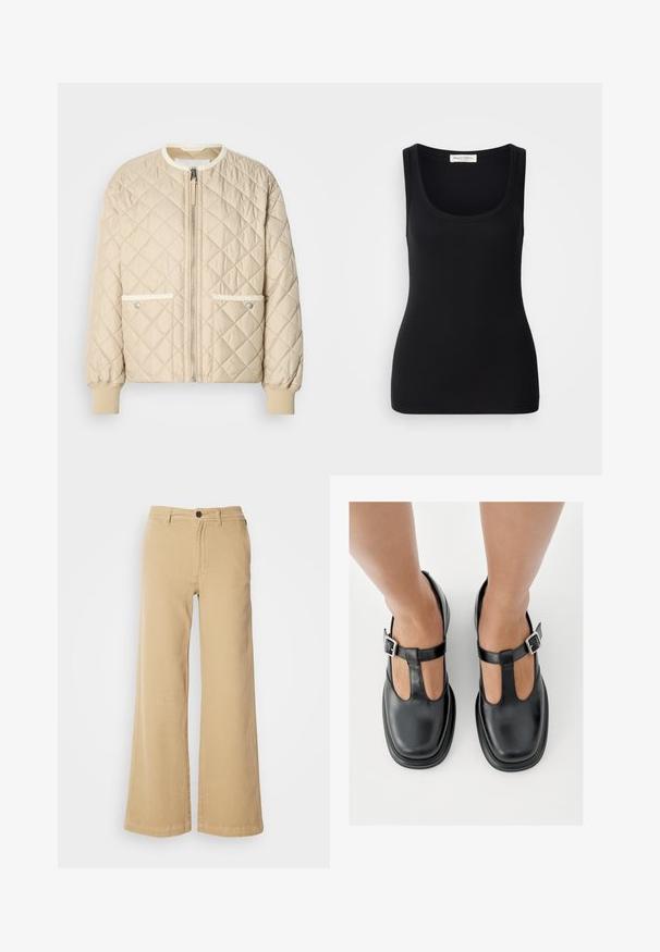 Beige quiltet bomberjakke med lynlås foran, to sidelommer med hvid kant og ribbede manchetter ved ærmerne og bunden.; Sort ribbet tanktop med rund halsudskæring, brede skulderstropper og en tætsiddende pasform. Label bagpå med teksten "Marc O'Polo."; Beige brede benbukser lavet af bomuldsblanding, med en frontknaplukning, bæltestropper og syninger langs sømmene.; Sorte lædersko med T-rem-design, lukket tå og sølvfarvede spændeaccenter. Glat tekstur med rundet tå og flad sål.
