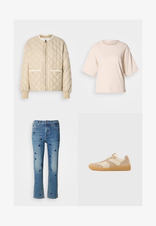 Beige quiltet bomberjakke med lynlås foran, to sidelommer med hvid kant og ribbede manchetter ved ærmerne og bunden.; Lys beige kortærmet t-shirt, lavet af blødt bomuld. Har en rund halsudskæring og en løs pasform med opfoldede ærmer. Minimalistisk design.; Lysblå denimjeans med lige ben, prydet med marineblå blomsterbroderi og slitageeffekter nær lommerne og kanten.; Beige og cremefarvet lavtop-sneaker med mesh- og ruskindspaneler, hvide snørebånd og en sål af gummigummi, set fra siden på en ensfarvet baggrund.