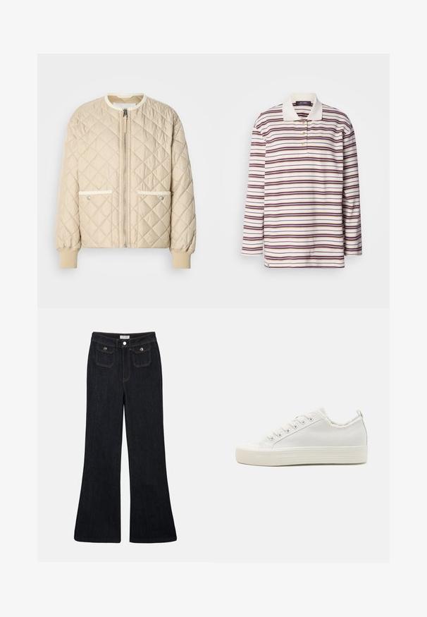 Beige quiltet bomberjakke med lynlås foran, to sidelommer med hvid kant og ribbede manchetter ved ærmerne og bunden.; Mos Mosh STRIPE - Poloshirts - brunnera/blue; Sorte denim jeans med høj talje, flared ben, to frontlommer og orange syninger. Materialet ser solidt og glat ud.; Hvide kanvas sneakers med en struktureret overdel, rundt tåhætte, flad sål og snørelukning. Har en let flossede krave og en løkke.