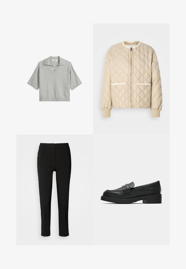 Chaqueta bomber acolchada beige con cremallera frontal, dos bolsillos laterales con ribete blanco y puños ribeteados en las mangas y en la parte inferior.; Polo de manga corta en gris claro con cuello en V y dobladillo acanalado. Fabricado en tejido de punto, presenta un cuello estructurado.; Pantalones negros ajustados de corte slim, con frente plano y sin bolsillos visibles, que presentan una textura suave y un acabado limpio en el dobladillo.; Mocasines de cuero negro con textura lisa, punta redonda y tacón bajo y cuadrado. Presentan una correa sobre el empeine para un detalle adicional.