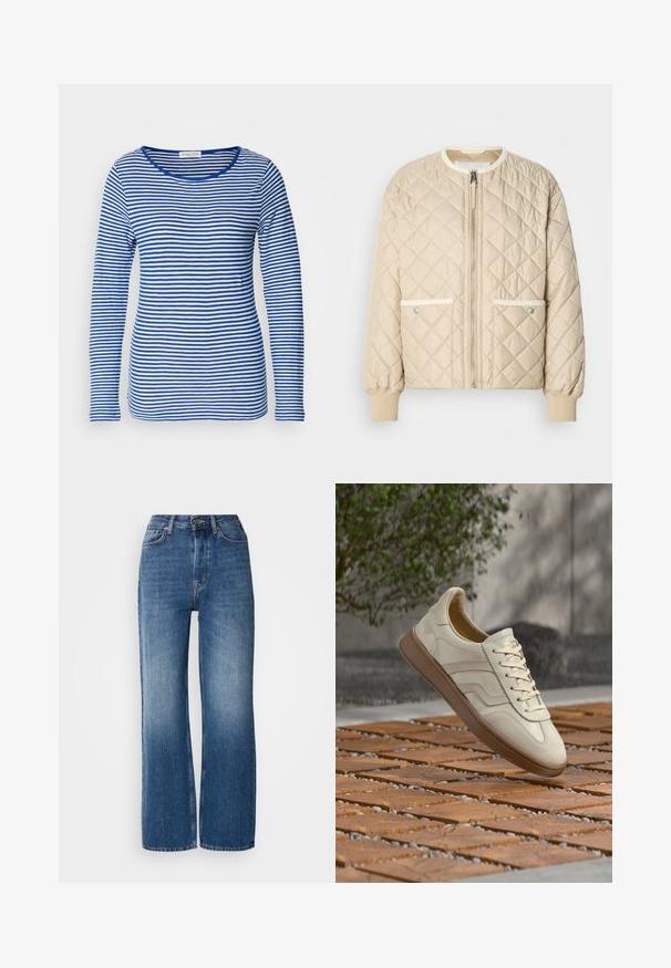 Chaqueta bomber acolchada beige con cremallera frontal, dos bolsillos laterales con ribete blanco y puños ribeteados en las mangas y en la parte inferior.; Camisa de manga larga con escote redondeado, que presenta rayas horizontales alternadas en azul y blanco. Fabricada con un tejido suave y ligero.; Jeans de mezclilla azul de tiro alto, de pierna ancha, con un lavado degradado, costuras de cobre, cierre de botón en la parte delantera y cinco bolsillos.; Zapatilla de color crema con suela de goma beige texturizada, diseño con cordones y sutiles detalles de marca en el lateral. Parte superior de cuero liso.