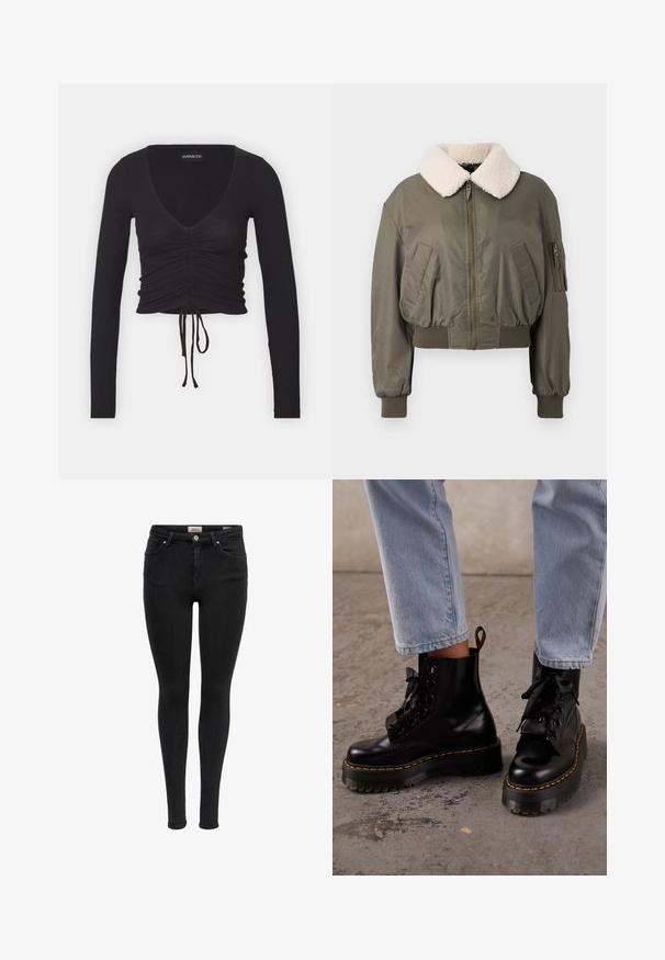 Veste bomber courte en vert olive, avec un col en fourrure blanche, fermeture éclair, poches latérales et poignets côtelés. Texture lisse.; Top court à manches longues noir avec des côtes, présentant un décolleté en V profond, des détails froncés à l'avant et un lien ajustable à l'ourlet.; Jean skinny noir avec poches avant, passants de ceinture et fermeture à bouton, présenté sur un fond blanc.; Personne portant un jean bleu clair et des bottes à plateforme en cuir noir lacées avec des coutures jaunes sur un sol en béton.