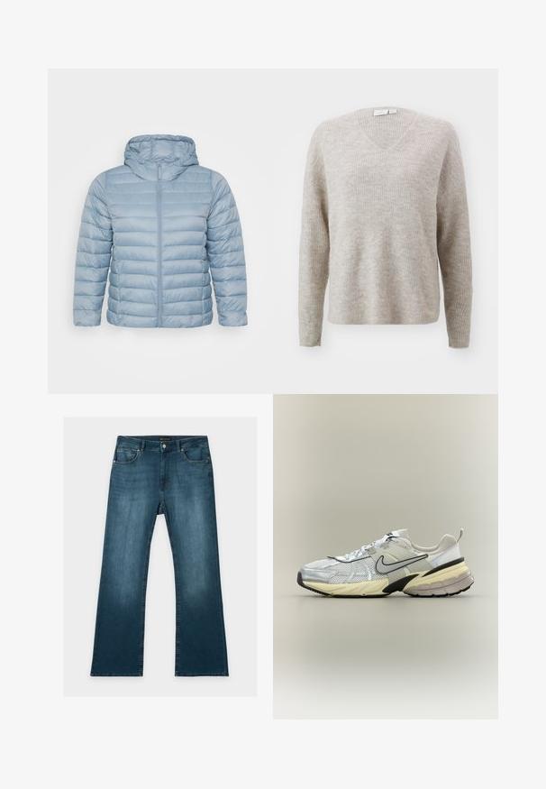 Lyseblå, polstret jakke med hætte. Har horisontale quiltede sektioner, fuld lynlåslukning og en glat, skinnende stofoverflade.; Beige v-hals sweater lavet af tekstureret ribbet stof, der har lange ærmer og en afslappet pasform. Generelt blød fremtoning med et subtilt mønster.; Blå jeans med lige ben, foran- og baglommer, knap- og lynlåslukning og subtile falmede detaljer på lår og knæ.; Hvid og grå Nike-sneaker med mesh-overdel, sort swoosh, beige mellemsål og sort ydersål på en lys baggrund.