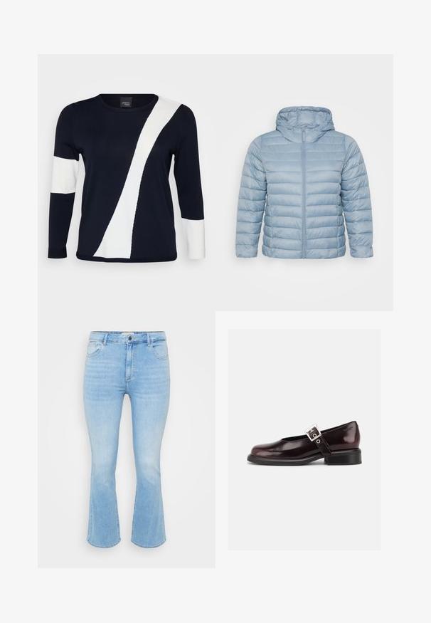 Hellblau, gepolsterte Jacke mit Kapuze. Sie verfügt über horizontale Steppungen, einen durchgehenden Reißverschluss und eine glatte, glänzende Stoffoberfläche.; Navyblauer Pullover mit langen Ärmeln, der ein diagonales weißes Design und weiße Akzente an den Ärmeln aufweist. Aus weichem Strickmaterial gefertigt.; Hellblaue Jeans aus Denim mit schmaler Taille, ausladendem Hosenbein, fünf Taschen Design und dezentem Verblassen in der Stoffstruktur.; Ein einzelner glänzender dunkelburgunder Mary Jane Schuh mit breitem Riemen und silberner Schnalle, niedrigem Blockabsatz und abgerundeter Spitze auf weißem Hintergrund.