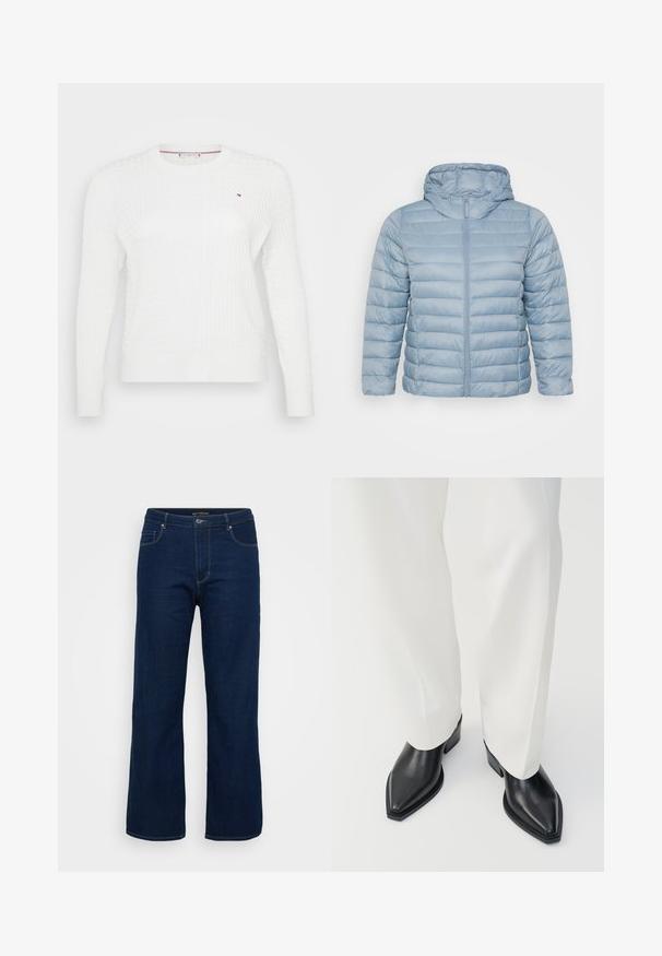 Lyseblå, polstret jakke med hætte. Har horisontale quiltede sektioner, fuld lynlåslukning og en glat, skinnende stofoverflade.; Hvid strikket sweater med et struktureret diamantmønster, rund halsudskæring og lange ærmer. Lille logoaccent på brystet.; Mørkeblå denim jeans med lige pasform, der har en lynlås, fem lommer og synlige syninger.; Sorte spidse ankelstøvler med en glat læderoverflade, lave blokhæle, og parret med hvide brede bukser. Enkel og moderne design.