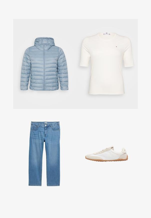 Hellblau, gepolsterte Jacke mit Kapuze. Sie verfügt über horizontale Steppungen, einen durchgehenden Reißverschluss und eine glatte, glänzende Stoffoberfläche.; Rippenshirt mit kurzen Ärmeln in cremefarbener Farbe und kleinem Logo auf der linken Brust. Lässiges, figurnahes Design, das für verschiedene Anlässe geeignet ist.; Hellblaue Denim-Jeans mit geradem Bein, fünf Taschen, mittlerer Bundhöhe und glatter Textur. Mit Knopfverschluss.; Niedrig geschnittener weißer Sneaker mit beigen Wildlederakzenten, Gummilaufsohle, Schnürverschluss und Zuglasche an der Ferse, von der Außenseite gezeigt.