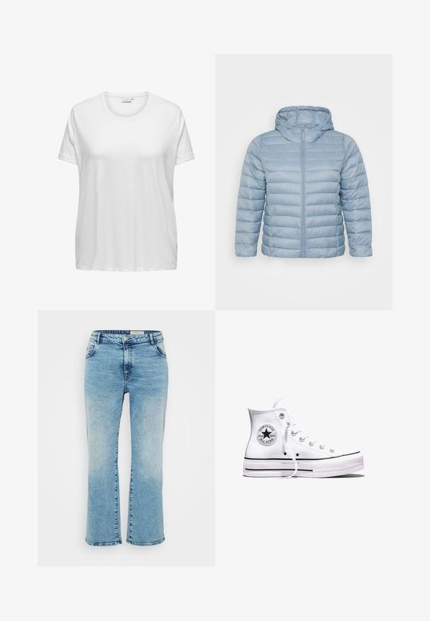 Chaqueta acolchada de color azul claro con capucha. Presenta secciones acolchadas horizontales, cierre de cremallera completo y una textura de tela suave y brillante.; Camiseta de algodón blanca con escote redondo y mangas cortas. Corte relajado con una textura suave y sin patrones ni acentos visibles.; Vaqueros de mezclilla azul claro con corte recto, que cuentan con un cierre de botón, cinco bolsillos y un ligero desgaste en las rodillas.; Zapatilla Converse Chuck Taylor All Star blanca de caña alta con rayas negras y parche de logo en el lateral, mostrada sobre un fondo blanco liso.