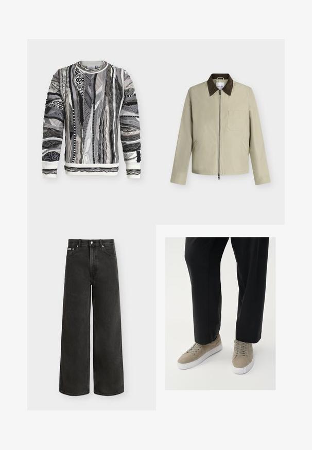 Veste beige avec col marron foncé, fermeture éclair frontale, poche poitrine et deux poches latérales, présentée sur un fond gris clair.; Pull en maille à manches longues avec des rayures verticales texturées multicolores dans des nuances de noir, gris et blanc, avec un col rond et des poignets côtelés.; Jean noir taille haute à jambes larges avec fermeture bouton et zip, poches avant et arrière, présenté sur fond blanc.; Baskets en daim gris clair avec une semelle en caoutchouc blanche, dotées de lacets ronds et d'un design minimaliste, associées à un pantalon noir.