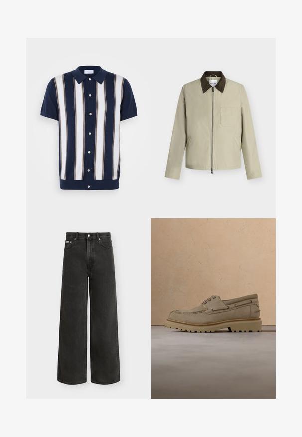 Beige Jacke mit dunkelbraunem Kragen, Frontreißverschluss, Brusttasche und zwei Seitentaschen, dargestellt vor einem hellgrauen Hintergrund.; Kurzarm-Poloshirt mit navyblauem Grundton und vertikalen Streifen in Weiß und Beige. Verfügt über einen Kragen und eine Knopfleiste.; Schwarze High-Waist-Jeans mit weitem Bein, Knopf- und Reißverschluss, Vorder- und Gesäßtaschen, vor weißem Hintergrund gezeigt.; Beiger Wildleder-Casual-Schnürschuh mit dicker, profilierter Sohle, schwebend über passender beiger strukturierter Oberfläche und Hintergrund dargestellt.