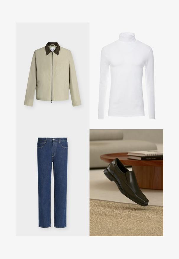 Veste beige avec col marron foncé, fermeture éclair frontale, poche poitrine et deux poches latérales, présentée sur un fond gris clair.; Chemise à col roulé à manches longues blanche en tissu doux et extensible. Présente un col haut et une coupe ajustée, offrant une silhouette épurée.; Jean en denim bleu à jambes droites avec fermeture par bouton et zip, poches avant et passants de ceinture sur fond blanc.; Chaussure habillée noire en cuir sans lacets flottant au-dessus d'un tapis beige tissé, avec une table basse ronde en bois et des livres empilés en arrière-plan.