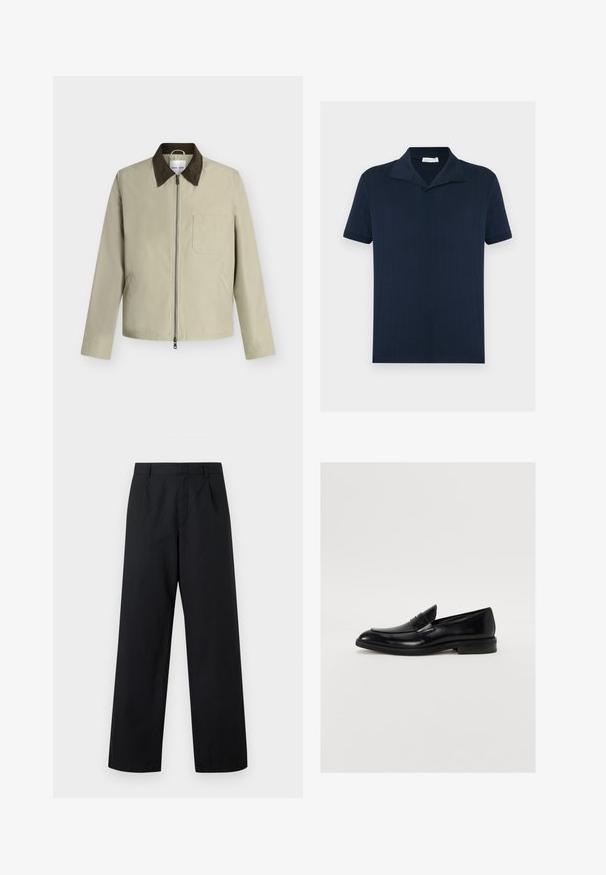 Veste beige avec col marron foncé, fermeture éclair frontale, poche poitrine et deux poches latérales, présentée sur un fond gris clair.; Polo bleu marine à texture côtelée, manches courtes et col plat. Comprend un ourlet droit et un design épuré et minimaliste.; Pantalon noir taille haute à jambes larges avec passants pour ceinture, plis devant et fermeture frontale cachée, présenté sur un fond uni.; Mocassin en cuir noir avec une pointe arrondie, des coutures discrètes et une finition lisse. Doté d'un talon bas empilé et d'une sangle sur le cou-de-pied.