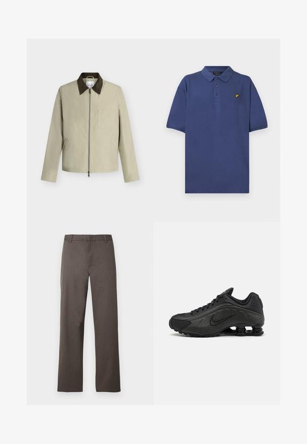 Beige Jacke mit dunkelbraunem Kragen, Frontreißverschluss, Brusttasche und zwei Seitentaschen, dargestellt vor einem hellgrauen Hintergrund.; Marineblaues Poloshirt mit kurzen Ärmeln, drei Knöpfen und kleinem gelbem Vogel-Logo auf der linken Brust.; Braune Baumwollhosen mit geradem Bein, ausgestattet mit Gürtelschlaufen und einer glatten Textur. Keine sichtbaren Muster oder Hardwaredetails.; Schwarze Laufschuhe mit einem glatten synthetischen Obermaterial, durchbrochenen Akzenten, strukturierten Seitenpaneelen und einer ausgeprägten federnden Sohle.