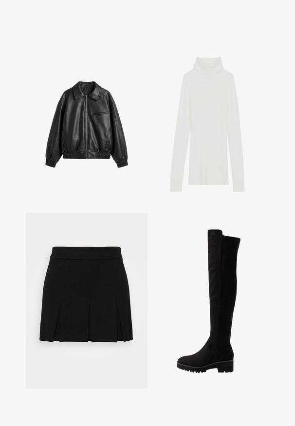 Schwarze Jacke aus Kunstleder mit Frontreißverschluss, spitzem Kragen, elastischen Bündchen und Saum sowie einer Reißverschlusstasche auf der Brust vor weißem Hintergrund.; Weißer, gerippter Rollkragenpullover mit langen Ärmeln, weichem Material und hohem Rollkragen. Hat ein tailliertes Design und keine sichtbaren Verschlüsse.; Even&Odd by Zalando Minirock - black; Schwarze Overknee-Stiefel aus weichem Wildleder mit flacher Sohle, abgerundetem Zehenbereich und elastischen Seiteneinsätzen für ein einfaches An- und Ausziehen.