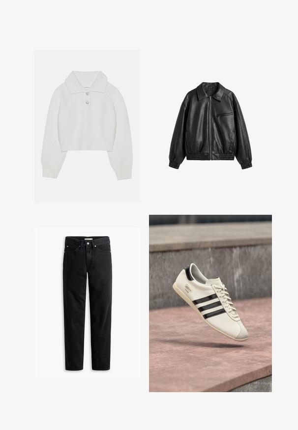 Zwarte faux leren jas met ritssluiting aan de voorkant, puntige kraag, elastische manchetten en zoom, en een ritssluiting borstzak op een witte achtergrond.; Witte cropped sweater met een geribbelde textuur, grote kraag en drie decoratieve knopen bij de halslijn. Lange mouwen met geribbelde boorden.; Zwarte straight-leg jeans met knoop- en ritssluiting, riemlussen en voor- en achterzakken, plat gelegd op een witte achtergrond.; Witte Adidas sneaker met zwarte strepen en beige zool, zwevend boven een rozeachtig betonnen oppervlak en een grijze stenen achtergrond.