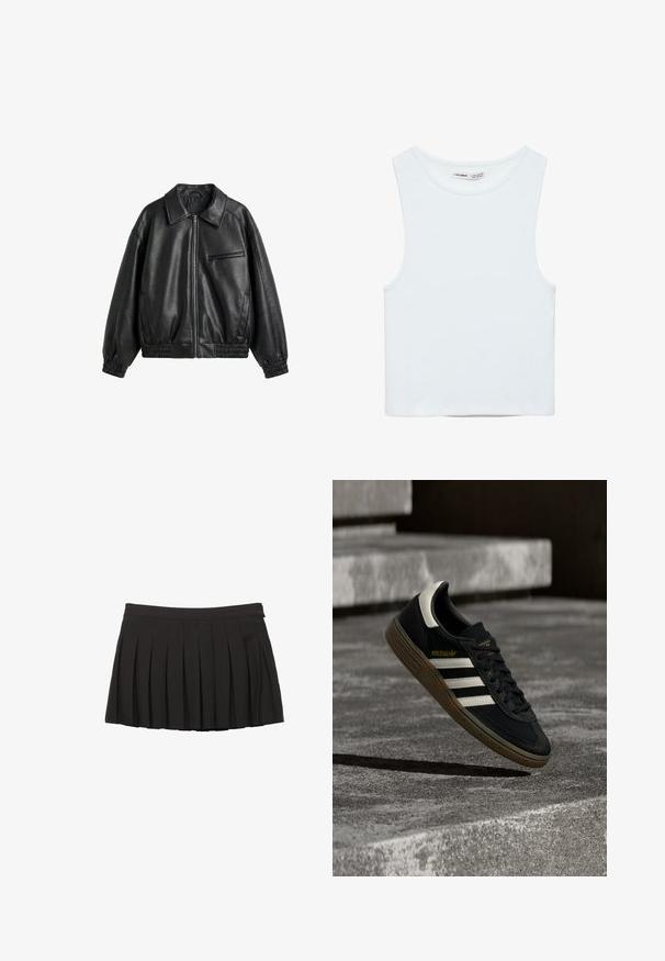Sort faux læderjakke med frontlynlås, spids krave, elastiske manchetter og kant samt lynlåslomme på brystet på hvid baggrund.; Hvid ærmeløs crop top med rund halsudskæring, lavet af glat stof, mærket Pull&Bear, egnet til afslappet brug.; Sort plisseret mininederdel med taljebånd og lynlås i siden, vist på en hvid baggrund.; Sort Adidas-sneaker med hvide striber og gummisåler, svævende over grå betontrapper i naturligt lys.