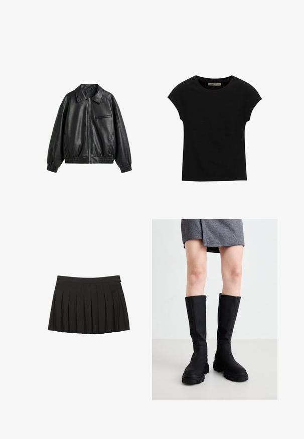 Sort faux læderjakke med frontlynlås, spids krave, elastiske manchetter og kant samt lynlåslomme på brystet på hvid baggrund.; Sort T-shirt med korte ærmer og rund halsudskæring. Fremstillet af glat, elastisk bomuldsstof. Simpelt design uden mønstre eller grafik.; Sort plisseret mininederdel med taljebånd og lynlås i siden, vist på en hvid baggrund.; Sorte knæhøje støvler med en glat overflade, kraftige såler og en diskret lynlås på siden. Stilfuldt parret med en grå herringbone nederdel.
