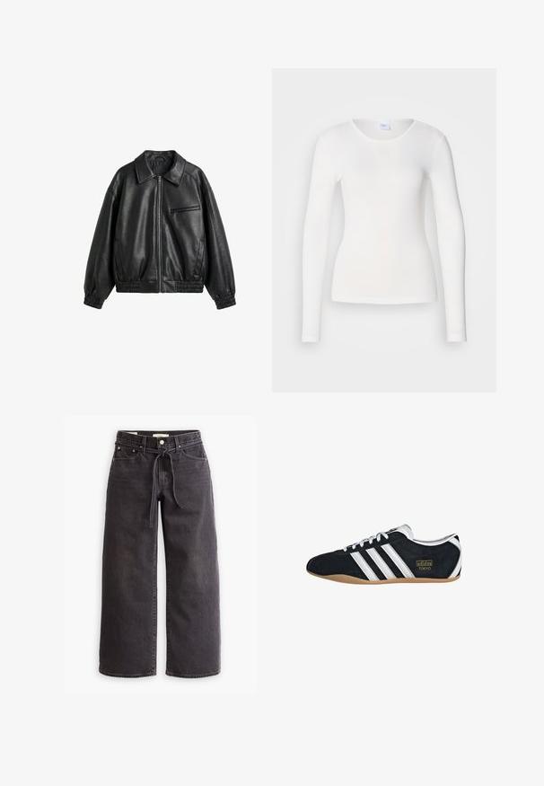 Veste noire en cuir synthétique avec fermeture éclair devant, col pointu, poignets et ourlet élastiques, et une poche poitrine zippée sur fond blanc.; Chemise blanche à manches longues en tissu doux et lisse ; présente un col rond et une coupe ajustée, sans motifs ni embellissements.; Jeans larges noirs en jean, dotés d'une taille à cordon de serrage, de cinq poches et de détails de couture contrastés. Design à l'avant plat.; Sneakers en suede noir avec trois bandes blanches, logo doré et semelle en caoutchouc marron. Présente un design à lacets à profil bas.