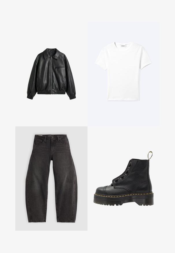 Zwarte faux leren jas met ritssluiting aan de voorkant, puntige kraag, elastische manchetten en zoom, en een ritssluiting borstzak op een witte achtergrond.; Effen wit T-shirt met korte mouwen en ronde hals met een klein "WEEKDAY" label aan de binnenkant van de hals, plat neergelegd op een lichte achtergrond.; Zwarte denim jeans met een relaxed fit, voorzien van vijf zakken, een knoopsluiting en subtiele vervaging. De stof heeft een soepele, stevige textuur.; Zwarte leren enkelboot met een gestructureerd oppervlak, ronde neus, vetersluiting, gele stiksels en een dikke, geribbelde zwarte plateauzool.