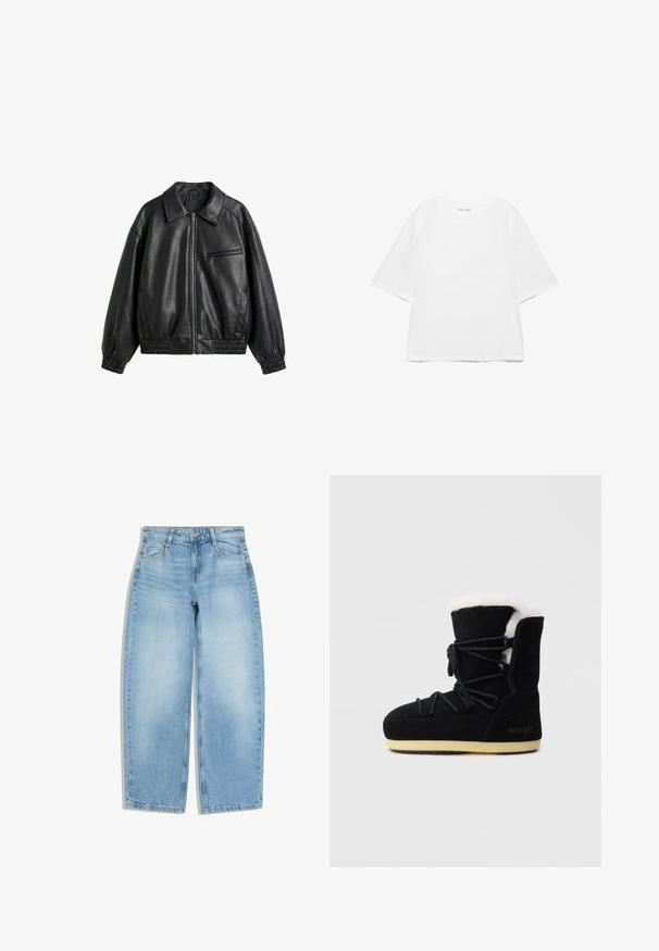 Veste noire en cuir synthétique avec fermeture éclair devant, col pointu, poignets et ourlet élastiques, et une poche poitrine zippée sur fond blanc.; T-shirt blanc oversize à manches courtes avec col rond, design uni, et coutures d'épaule tombantes sur fond blanc.; Jean large bleu clair avec poches avant, passants pour ceinture et fermeture par bouton sur fond blanc.; Botte en suede noire avec une doublure en fourrure blanche, présentant un laçage à l'avant, un support de cheville rembourré et une semelle en caoutchouc pour l'adhérence.