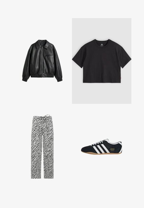 Zwarte faux leren jas met ritssluiting aan de voorkant, puntige kraag, elastische manchetten en zoom, en een ritssluiting borstzak op een witte achtergrond.; Zwarte cropped T-shirt met korte mouwen en ronde hals en een klein rood Levi's-label op de zijnaden, plat gelegd op een lichtgrijze achtergrond.; Zebrastrepen broek in zwart en wit, met een losse pasvorm, verstelbare tailleband en een zachte, gestructureerde stof.; Zwarte suède sneaker met witte drie strepen, gouden logo en een bruine rubberen zool. Heeft een laag profiel vetersluiting ontwerp.
