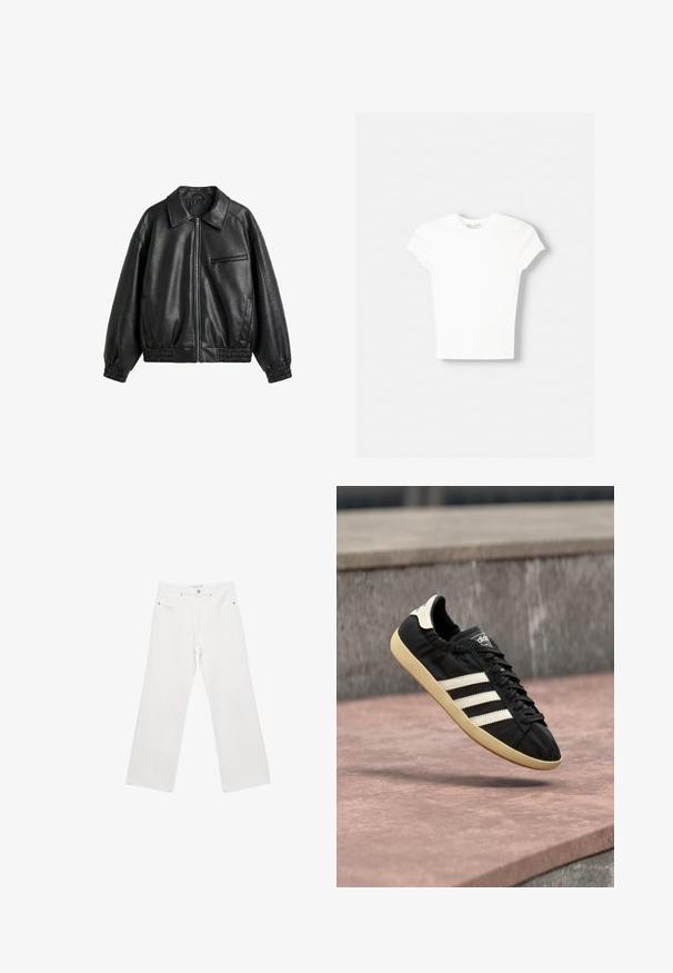 Zwarte faux leren jas met ritssluiting aan de voorkant, puntige kraag, elastische manchetten en zoom, en een ritssluiting borstzak op een witte achtergrond.; Witte t-shirt met korte mouwen van zachte katoen, met een ronde halslijn en een getailleerde vorm. Geen zichtbare patronen of versieringen.; Witte denim wijde broek met een klassiek vijf-pocket ontwerp, metalen hardware en contrasterende stiksels. Soepele textuur en een relaxte pasvorm.; Zwarte Adidas sneaker met witte strepen en beige zool, vastgelegd in de lucht boven een stenen oppervlak en een stenen muur op de achtergrond.
