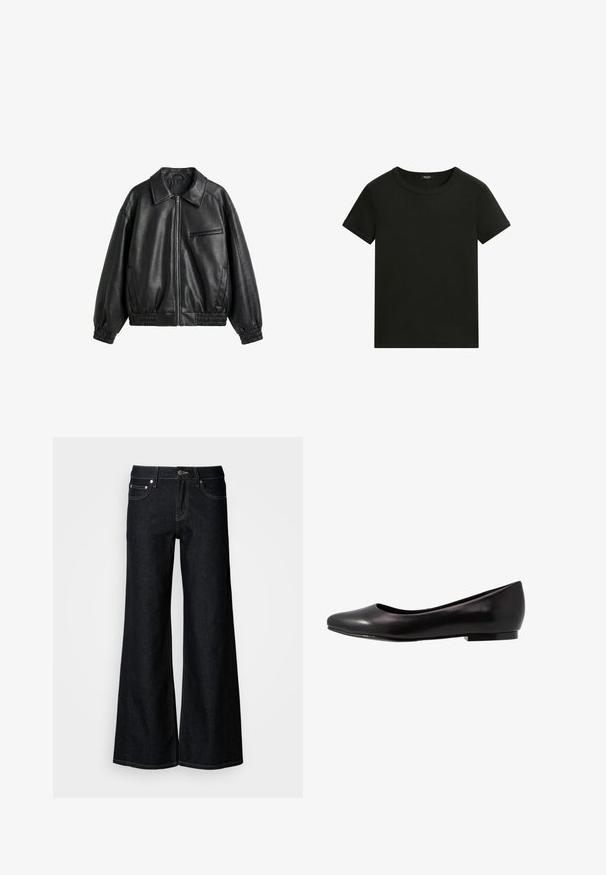 Zwarte faux leren jas met ritssluiting aan de voorkant, puntige kraag, elastische manchetten en zoom, en een ritssluiting borstzak op een witte achtergrond.; Effen zwart T-shirt met korte mouwen en een ronde hals, eenvoudig en aansluitend ontwerp tegen een witte achtergrond.; Donkere denim jeans met wijde pijpen, een hoge taille, een ontwerp met vijf zakken en contrasterende gele stiksels langs de naden.; Zwarte ballerina van glanzend leer met een ronde neus en een lage, platte zool. Heeft een gladde textuur met een eenvoudig en strak design.
