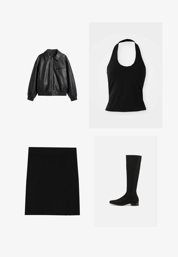 Veste noire en cuir synthétique avec fermeture éclair devant, col pointu, poignets et ourlet élastiques, et une poche poitrine zippée sur fond blanc.; Haut halter noir en tissu doux, avec un col rond et une silhouette ajustée, à la texture lisse et sans motifs visibles.; Mini-jupe noire en tissu doux avec une coupe ajustée, présentant une légère fente sur le côté pour plus de style.; Bottes noires montantes en tissu lisse avec un design épuré, bout pointu et un petit talon bloc. Pas de métal apparent ni d'accents.