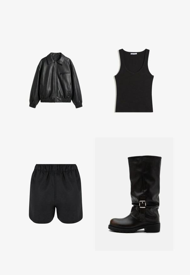 Veste noire en cuir synthétique avec fermeture éclair devant, col pointu, poignets et ourlet élastiques, et une poche poitrine zippée sur fond blanc.; Débardeur noir côtelé sans manches avec une encolure dégagée, posé à plat sur un fond blanc.; Shorts noirs avec une taille élastique. Tissu doux, design simple et ourlet légèrement arrondi en bas. Pas de motifs ou de logos visibles.; Botte haute en cuir noir avec bout arrondi, talon bas, bride à boucle latérale et tige légèrement relâchée sur fond blanc.