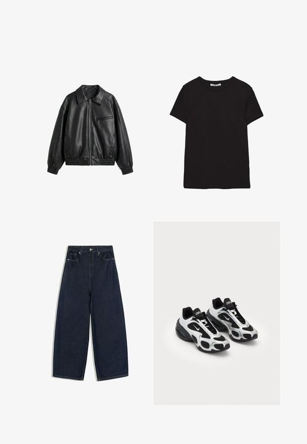 Zwarte faux leren jas met ritssluiting aan de voorkant, puntige kraag, elastische manchetten en zoom, en een ritssluiting borstzak op een witte achtergrond.; Zwart katoenen T-shirt met korte mouwen, ronde hals, standaard pasvorm en zichtbaar binnenlabel in de nek.; Donkerblauwe denim jeans met wijde pijpen, vooraan knoop en zakken, plat weergegeven op een witte achtergrond.; Zwarte en zilveren sportschoenen met een bovenwerk van mesh en synthetisch materiaal, voorzien van een kenmerkend golvend ontwerp en een gevoerde kraag, met luchtkussens in de zool.