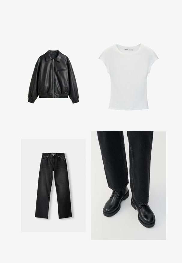 Veste noire en cuir synthétique avec fermeture éclair devant, col pointu, poignets et ourlet élastiques, et une poche poitrine zippée sur fond blanc.; T-shirt en coton blanc avec manches courtes retroussées, encolure ronde et ourlet droit. Texture lisse sans motifs ni accents visibles.; Bershka Jean droit - mottled dark grey; Bottines en cuir noir avec bout rond, lacets et semelle épaisse et robuste. Associées à un jeans foncé avec un détail d'ourlet brut.