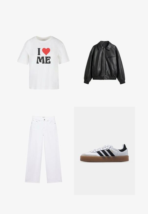 Schwarze Jacke aus Kunstleder mit Frontreißverschluss, spitzem Kragen, elastischen Bündchen und Saum sowie einer Reißverschlusstasche auf der Brust vor weißem Hintergrund.; Weißes Baumwoll-T-Shirt mit kurzen Ärmeln, das in fetter schwarzer Schrift "I," ein rotes Herz und "ME" in einer informellen Schriftart zeigt.; Weiße, hoch taillierte Jeans mit weitem Bein, Knopf- und Reißverschluss, Taschen vorne und hinten sowie silbernen Nieten.; Weiße Leder Sneakers mit schwarzen Streifen, Gummigummi-Außensohle, runder Zehenform, Schnürverschluss und weichem grauem Wildleder-Zehenkappe.