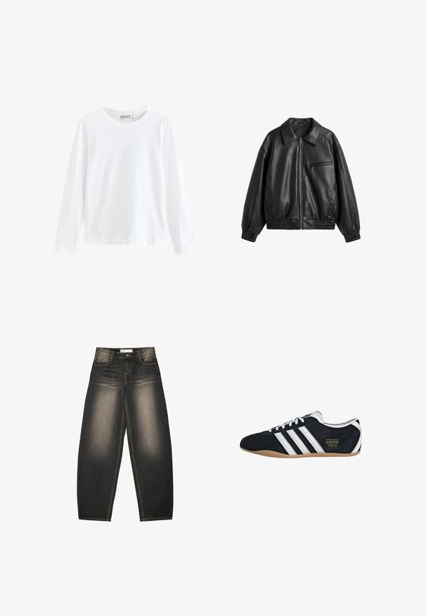 Sort faux læderjakke med frontlynlås, spids krave, elastiske manchetter og kant samt lynlåslomme på brystet på hvid baggrund.; Hvid langærmet T-shirt lavet af bomuld med rund hals og enkelt design, med en jævn tekstur og ingen synlige mønstre eller accenter.; Grå denim bredbenede jeans med let lysning, fem lommer, kontraststing og en afslappet pasform. Ingen synlige mønstre eller udsmykninger.; Sort ruskinds sneaker med hvide tre striber, guldlogo og en brun gummisål. Har et lavprofil snørebåndsdesign.